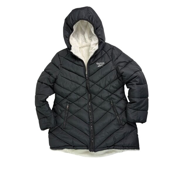 Women’s Reversible Hooded Winter Coat Puffer Jacket Black/White Faux Fur Size L - Picture 1 of 13